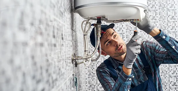 Technician installing a household water heater system for reliable hot water